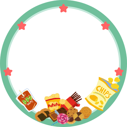 Green profile pic frame with coral colored stars. Various different snacks and a drink sit at the bottom.