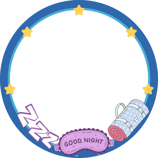 Blue profile pic frame with gold stars. Sleeping gear and the letters "ZZZ" sit at the bottom.