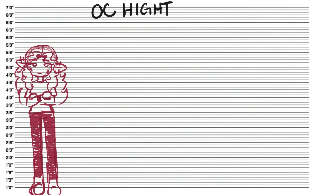 A height chart ranging from 1' to 7'. Character drawn in red has long curly hair. Text reads OC Hight