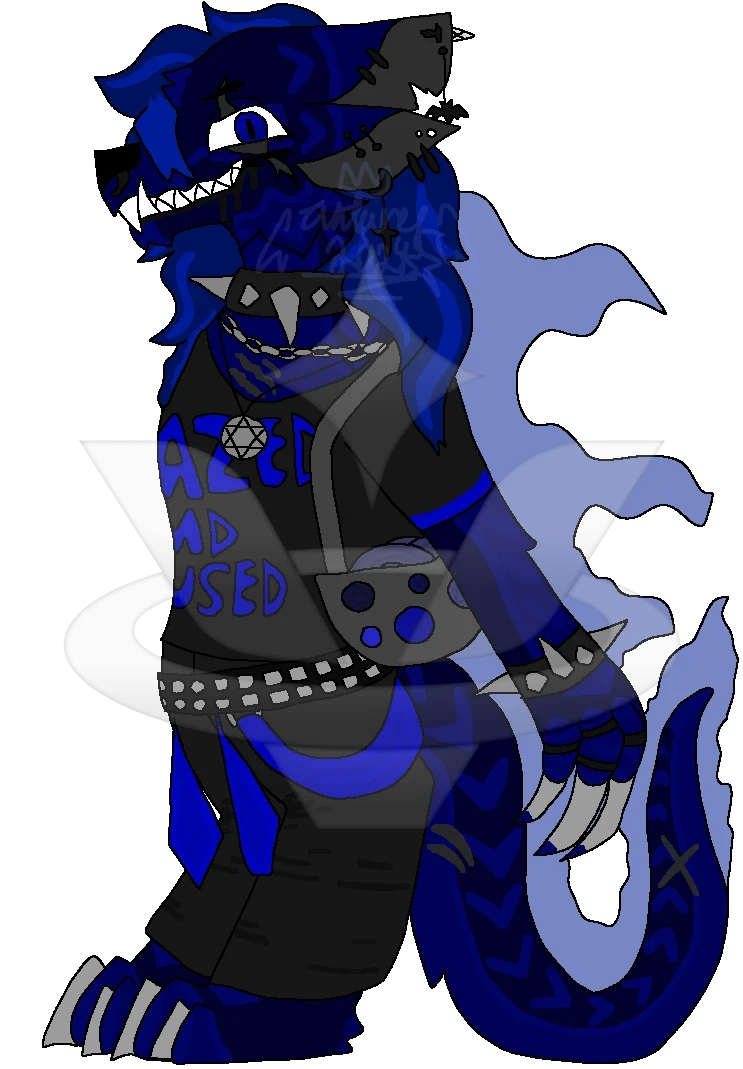 Black and Blue anthropomorphic character with spiked accessories, piercings, and grey bag.