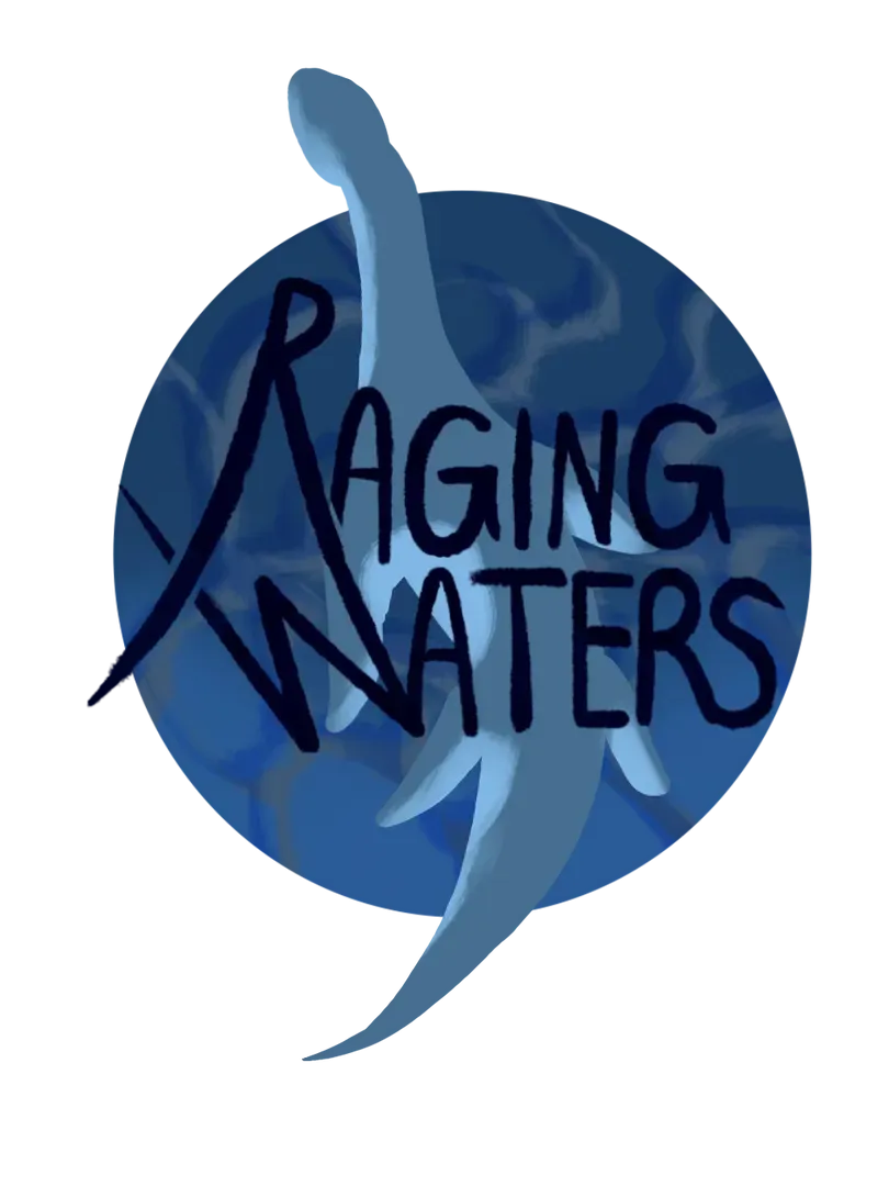 Nessie like creature is centered on a circle with water like texture. Text reads: Raging Waters