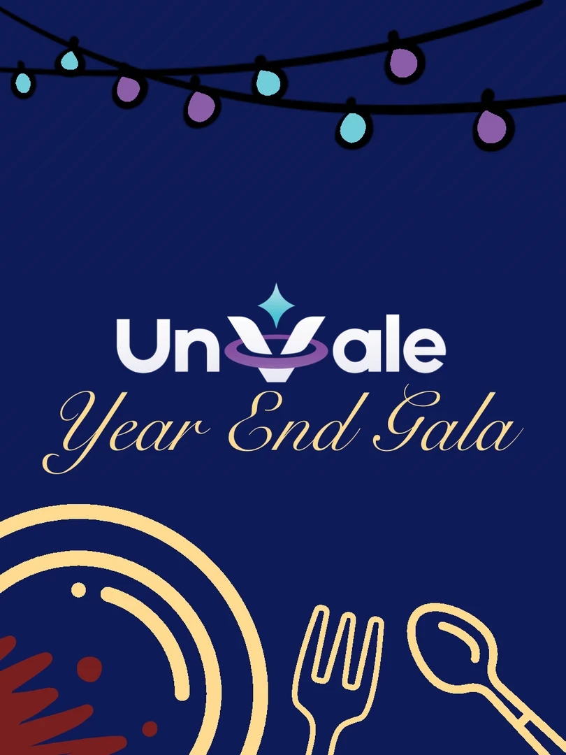 UnVale Year End Gala. UnVale themed lights hang at the top. Bottom is a plate and cutlery with a red splotch in the left corner.