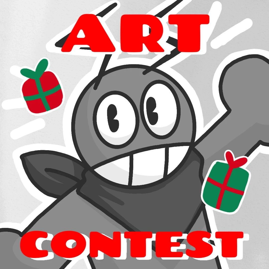 Art contest. Character with a bandana is surrounded by gifts