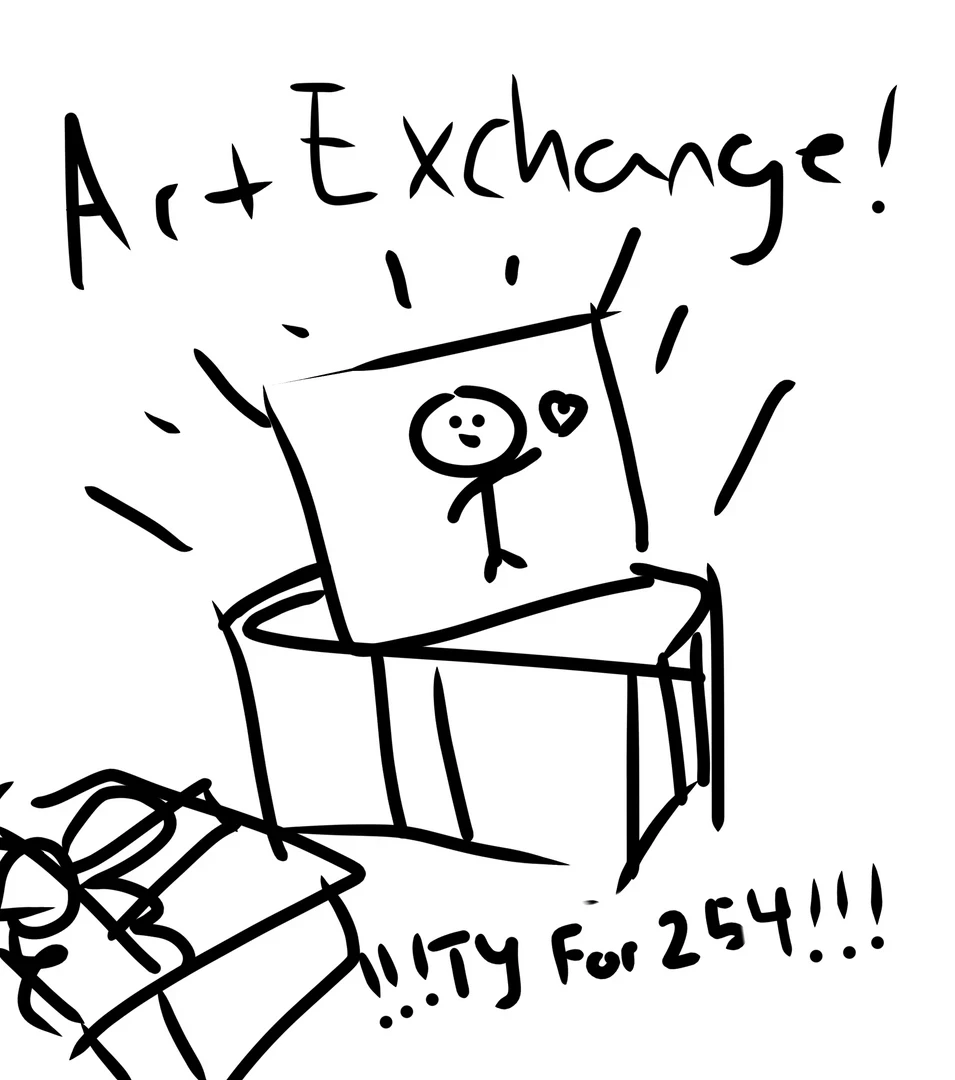 Stick figure with a heart in hand popping out of a gift. Art Exchange. TY for 254