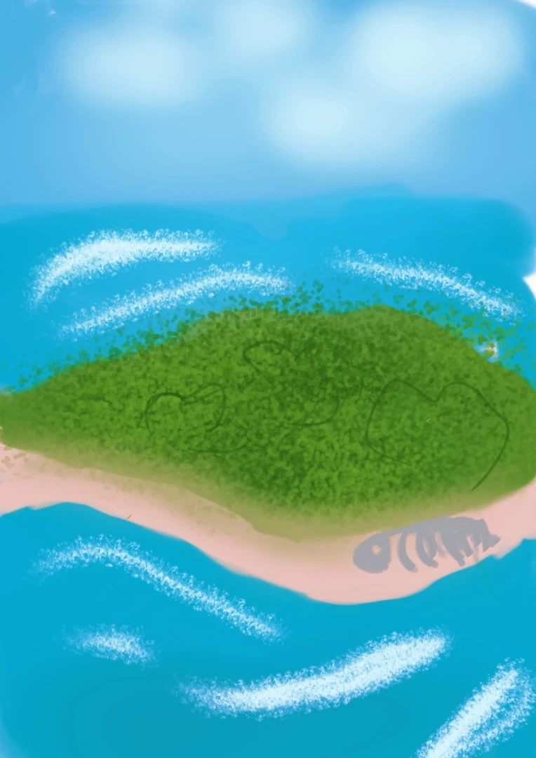 Lush green island in the middle of the sea with what looks to be a skeleton on the beach