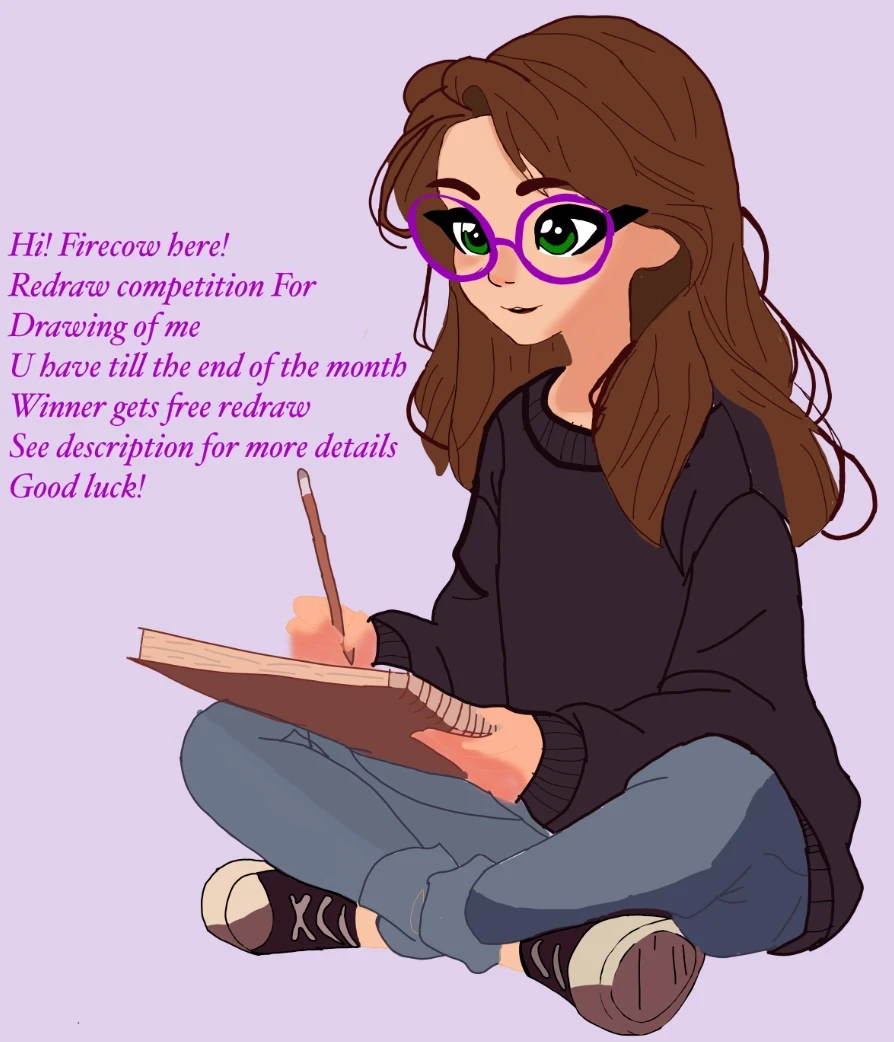 OC with purple glasses sitting while sketching in a notebook. Information about contest on the left.