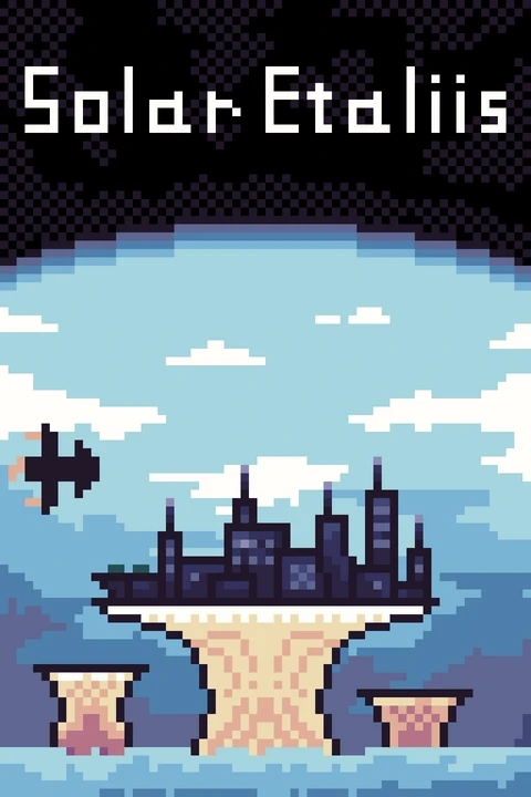 Pixel art of Solar Etaliis, a floating island above water with a city on top and an air craft flying by.