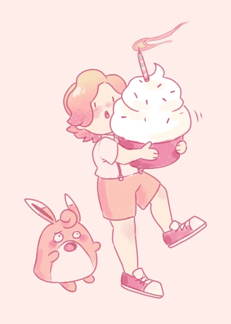 A character struggling to hold a giant birthday cupcake next to a worried wigglytuff.