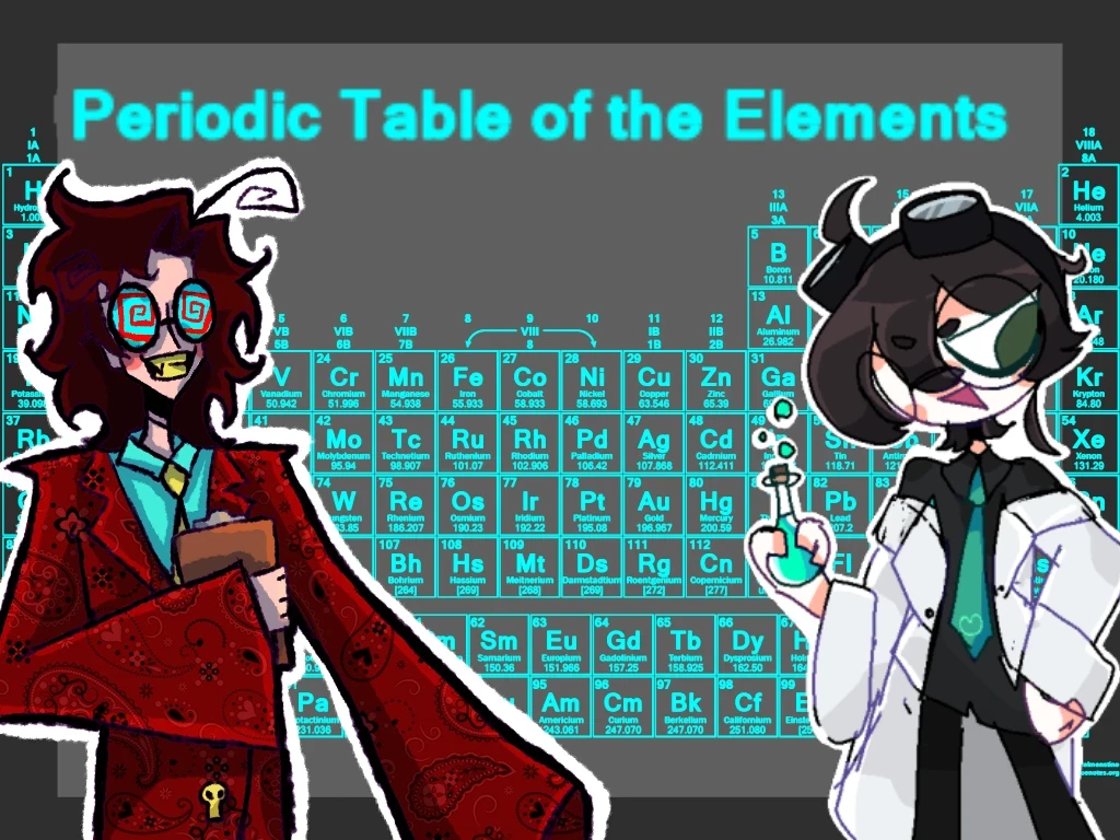 Two science themed characters stand in front a neon blue periodic table