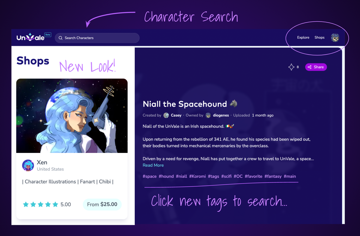 Changelog: Hashtag and character searching, improved look, and Shop search