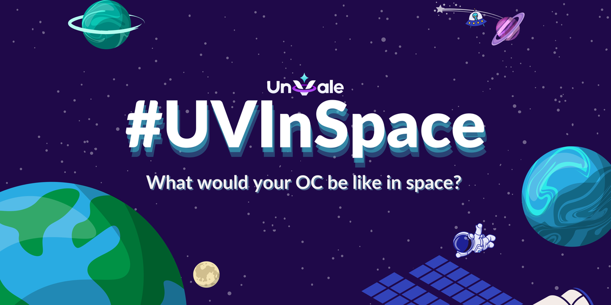 Graphic of outer space, containing Earth, the moon, and various different designed planets.