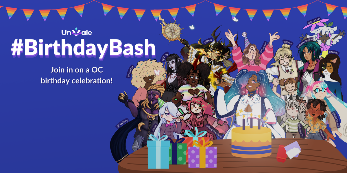 A plain blue background showing party decorations, gifts and a cake with various OCs gathered at a table. 