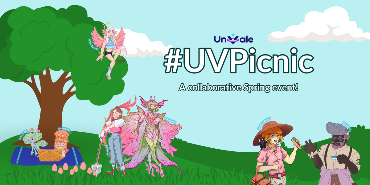 Blue sky with green grass and several OCs in spring-wear having a picnic together. 