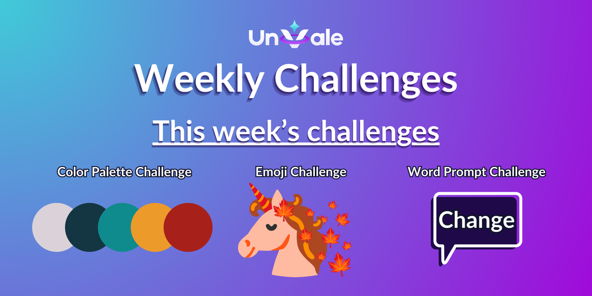 Challenges: a green and orange palette, a unicorn with maple leaves, and the word "Change".