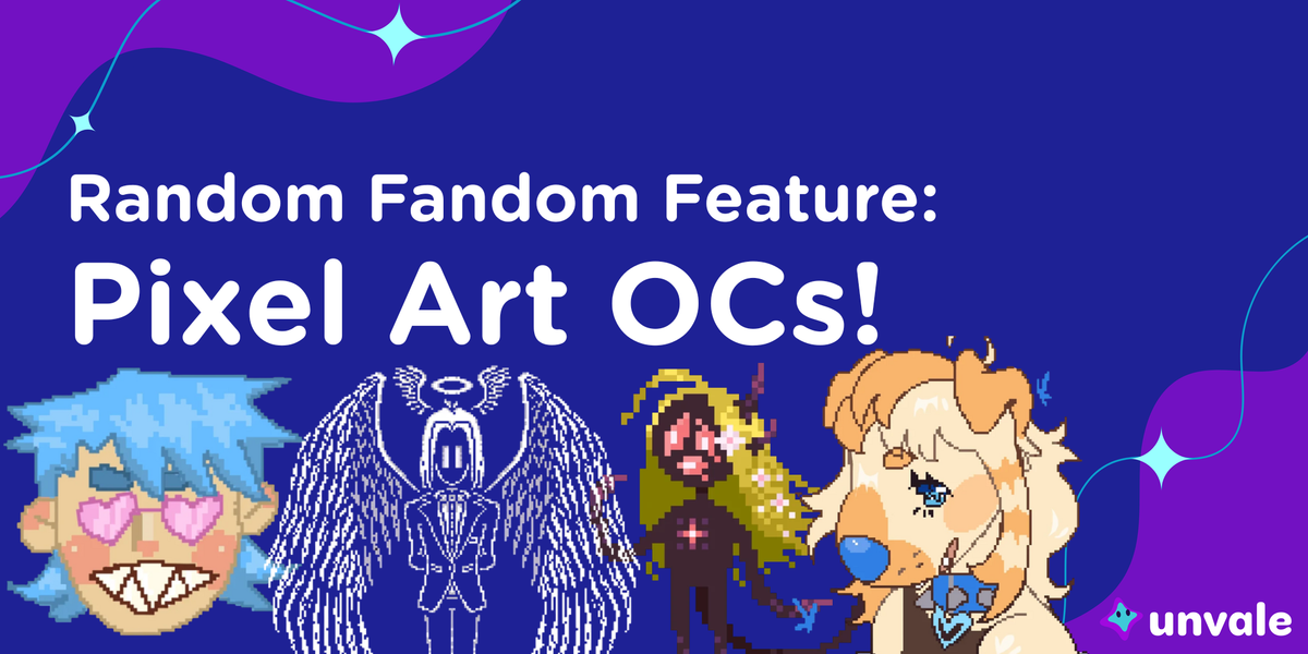 A graphic with four characters made with pixel art that reads "Random Fandom Feature: Pixel Art OCs!"