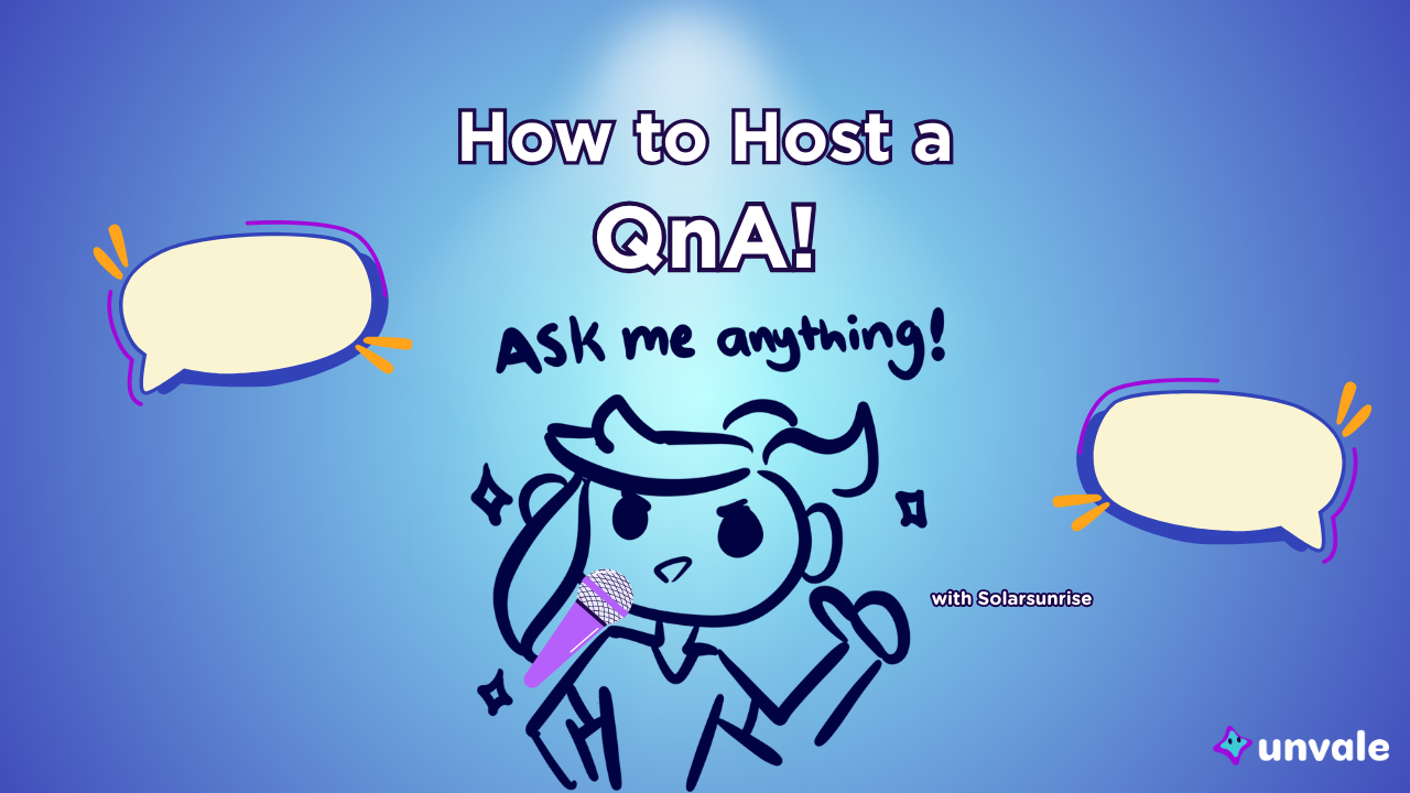 Light and regular blue gradient background. Text reads "How to Host a QnA!". A doodle of Solar speaking into a mic ready to answer anything!