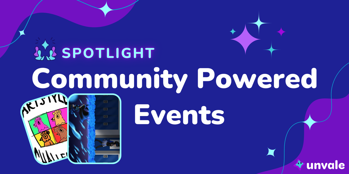 A blue and purple graphic that reads "Community Powered Events" featuring two images of spotlighted events.