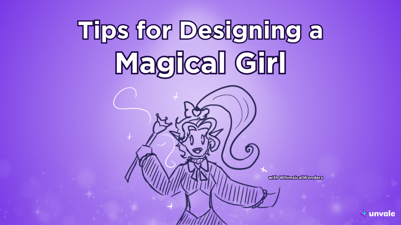 Light and standard purple gradient background. Text reads "Tips for Designing a Magical Girl". A doodle of a magical girl Whimsy!