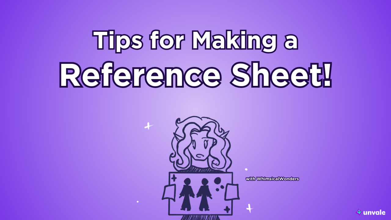 Light and standard purple gradient background. Text reads "Tips for Making a Reference Sheet!". A doodled Whimsy holding up a reference sheet.