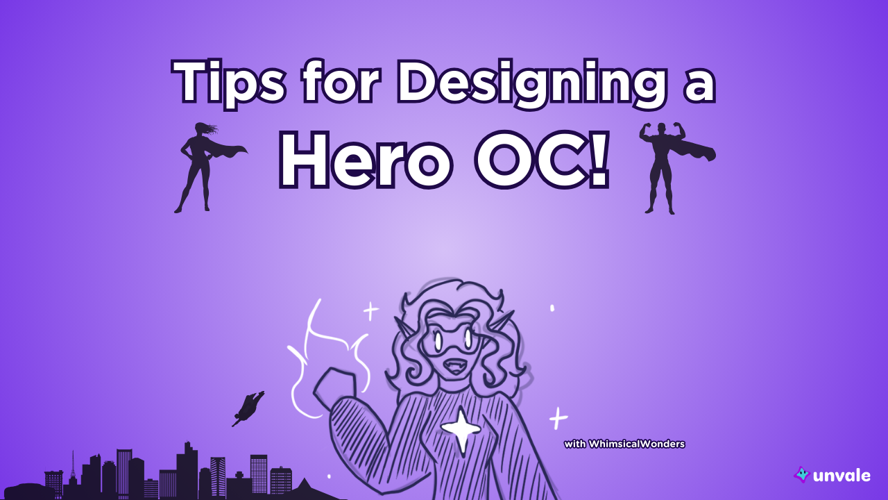 Light and standard purple gradient background. Text reads "Tips for Designing a Vampire OC!". A doodled Whimsy as a superhero standing in front of a city.