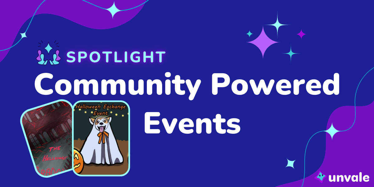 A blue and purple graphic that reads "Community Powered Events" featuring two images of spotlighted events.