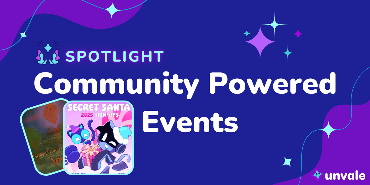 A blue and purple graphic that reads "Community Powered Events" featuring two images of spotlighted events.