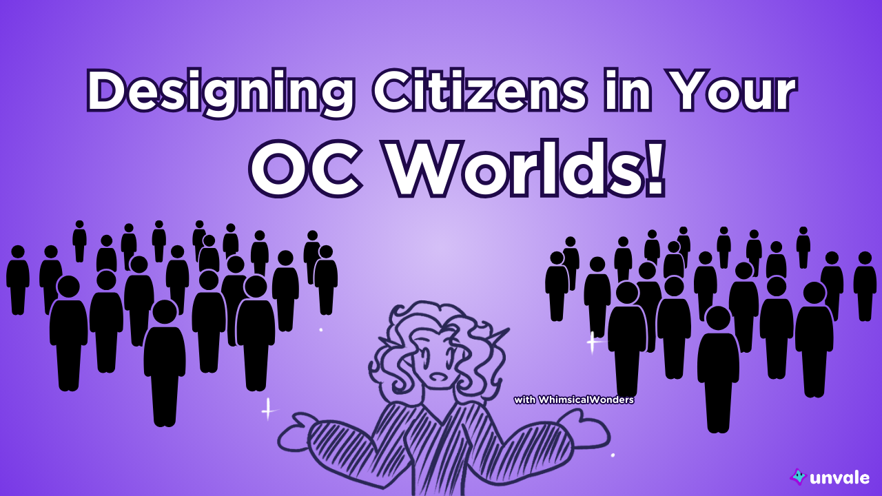 Light and regular purple gradient background. Text reads "Designing Citizens in Your OC Worlds!". A doodle of Whimsy surrounded by silhouette crowds of people