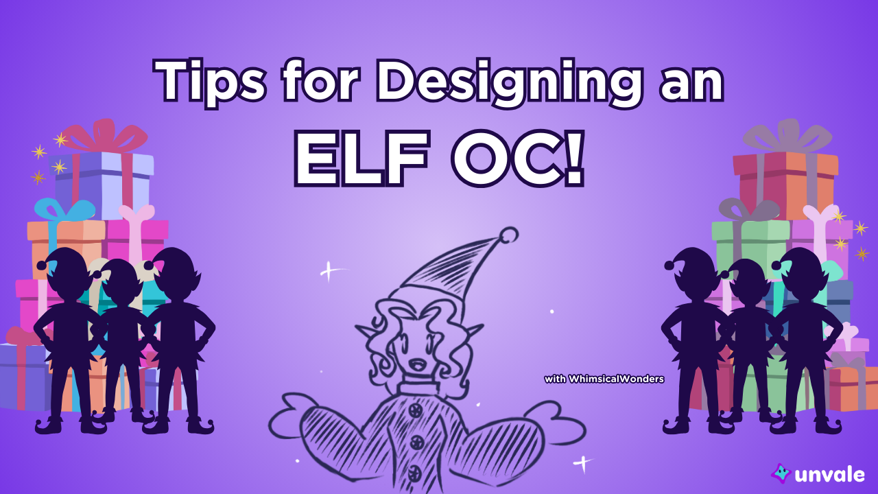 Light and regular purple gradient background. Text reads "Tips for Designing an ELF OC!". A doodle of Whimsy surrounded by presents and elves