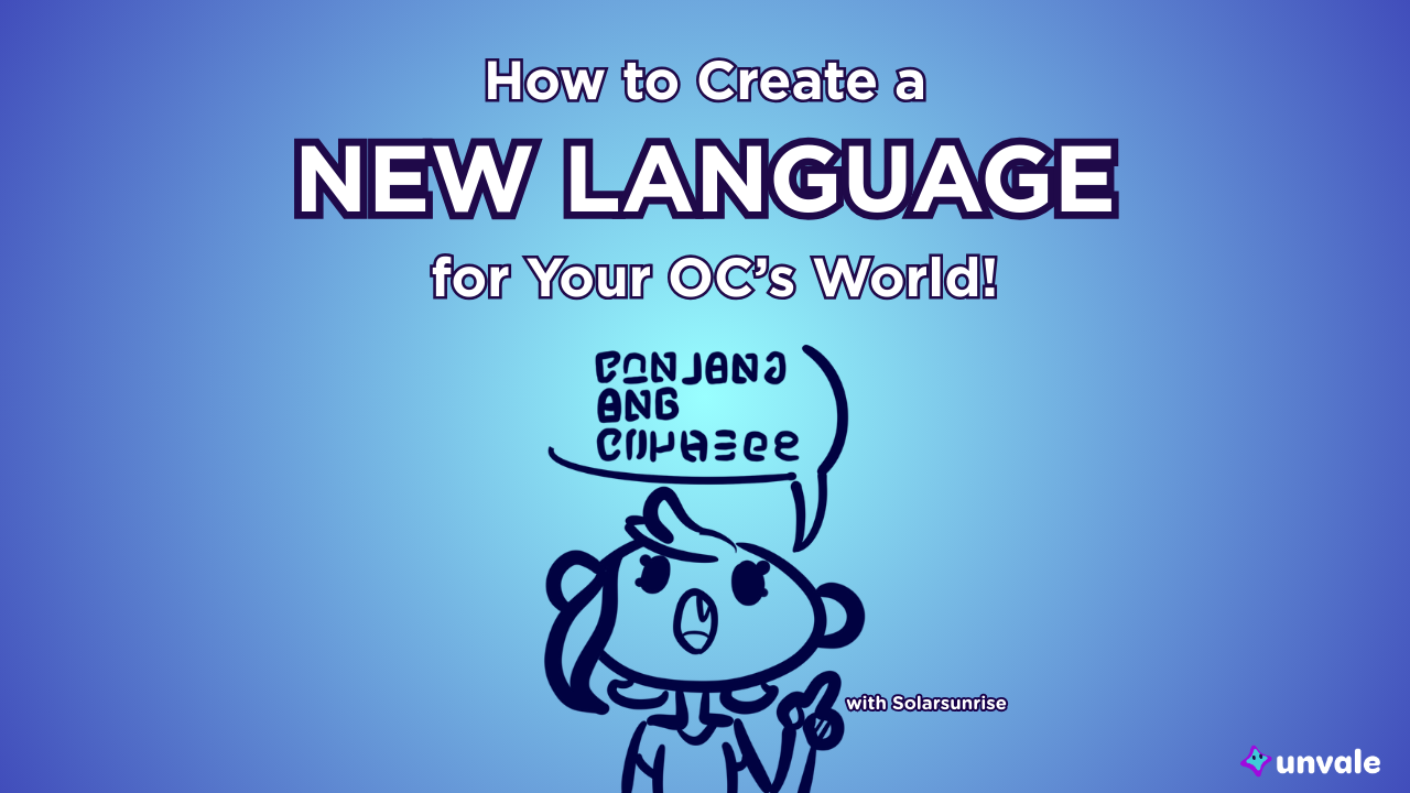 Light and regular blue gradient background. Text reads "How to Create a New Language for Your OC’s World!". A doodle of Solar speaking in a different fictional language