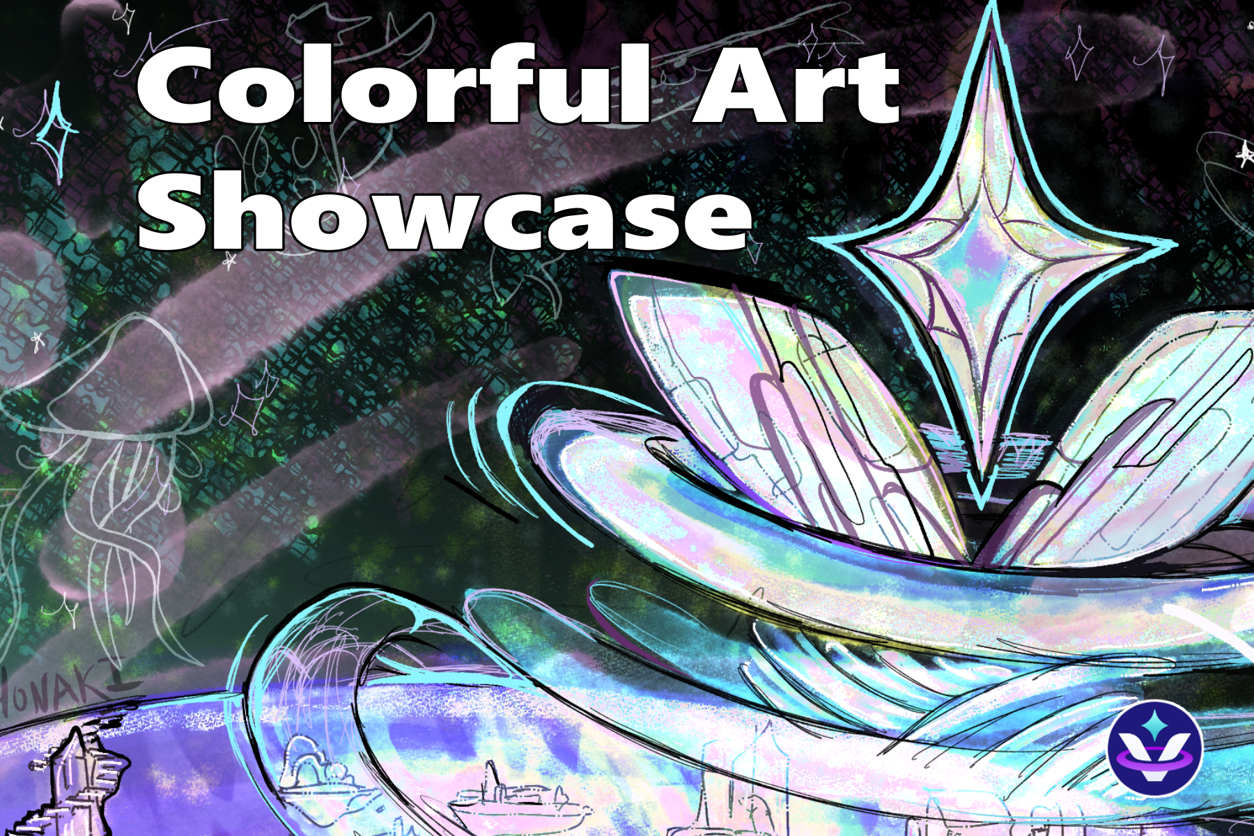 colorful space city featuring blue, purple, white hues and the text "colorful art showcase"