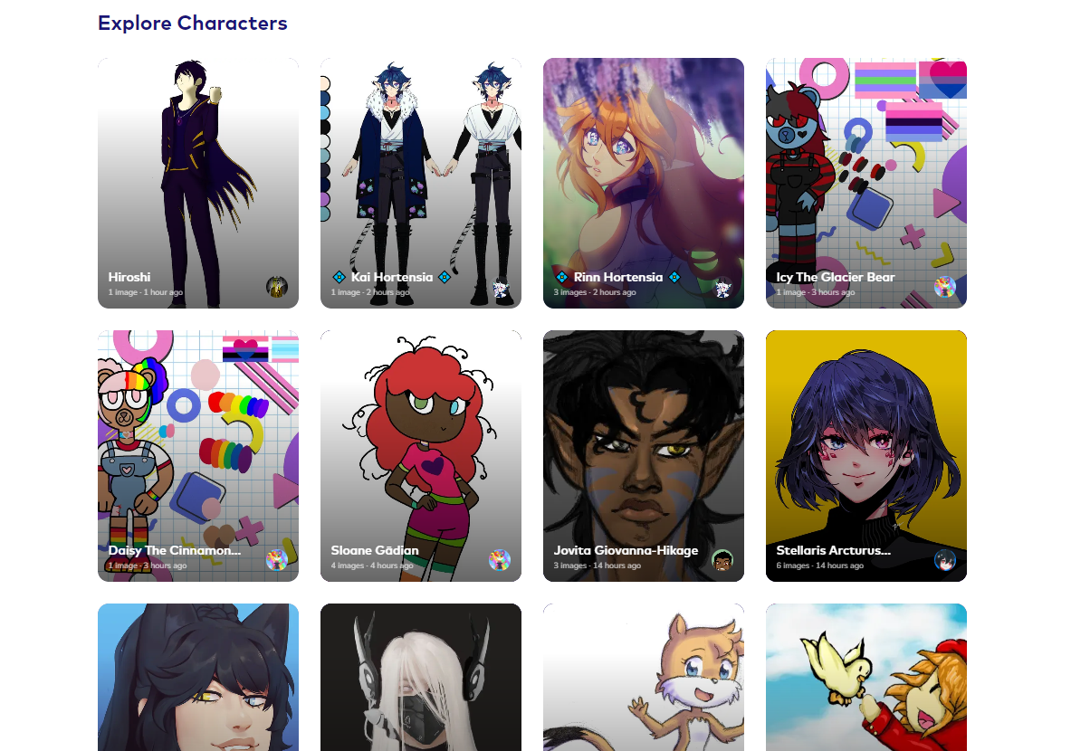 A gallery-style web page with pictures of various characters