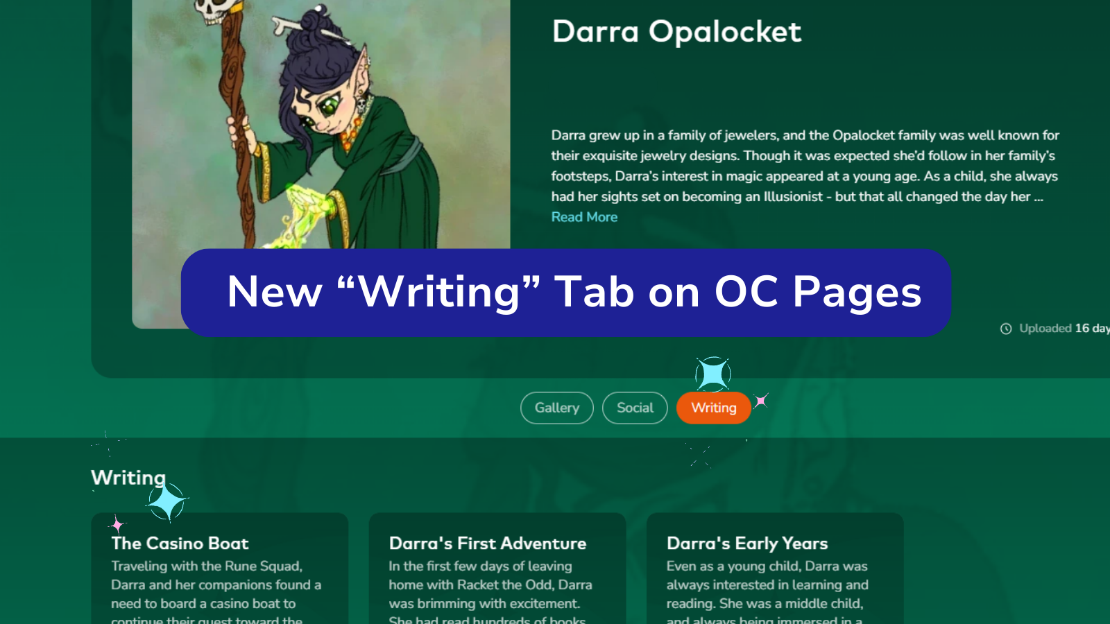 A screenshot of Darra Opalocket's OC page on UnVale, now with a new tab that's called "Writing."