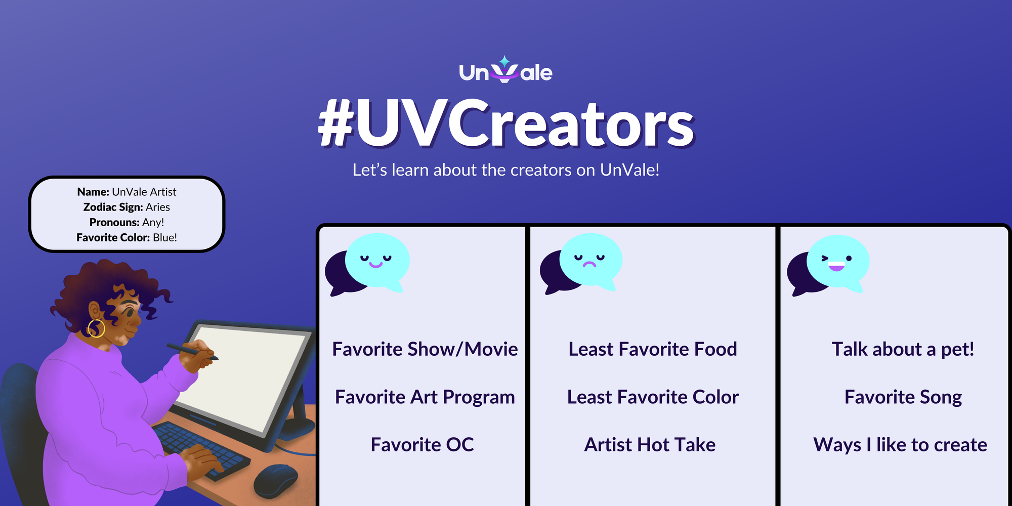 Banner displaying a person drawing on a tablet with fun facts surrounding them. The hashtag #UVCreators is listed up top.