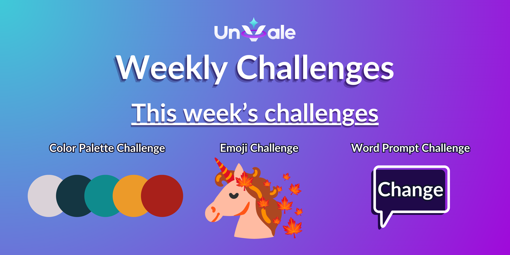 Challenges: a green and orange palette, a unicorn with maple leaves, and the word "Change".