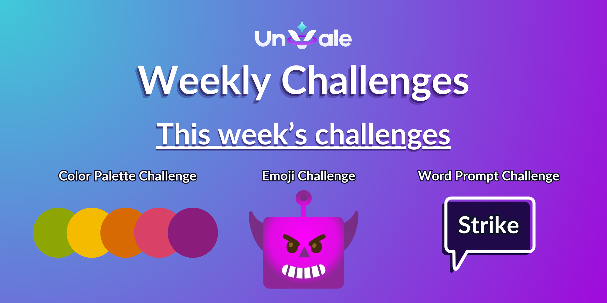 Challenges: a warm palette, an angry purple alien robot, and the word "Strike".