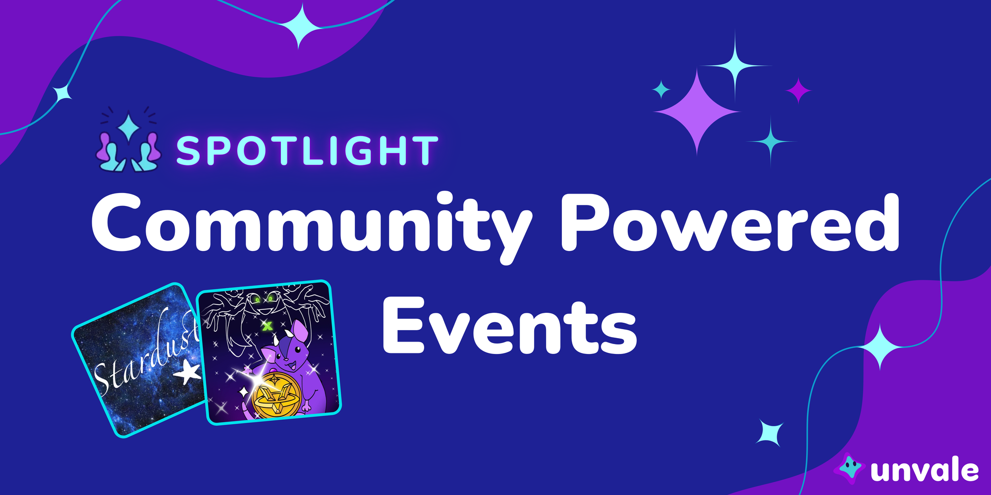 Event squares and purple/blue sparkles frame the title Community Powered Events Spotlight