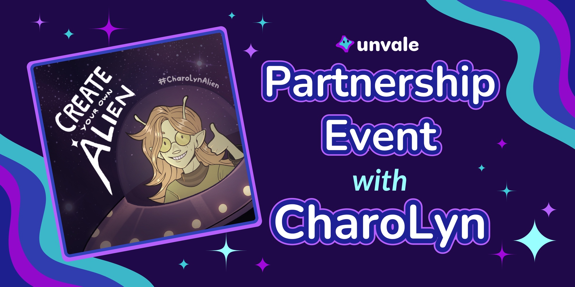 Blue and purple waves and sparkles surround "Partnership event with CharoLyn"