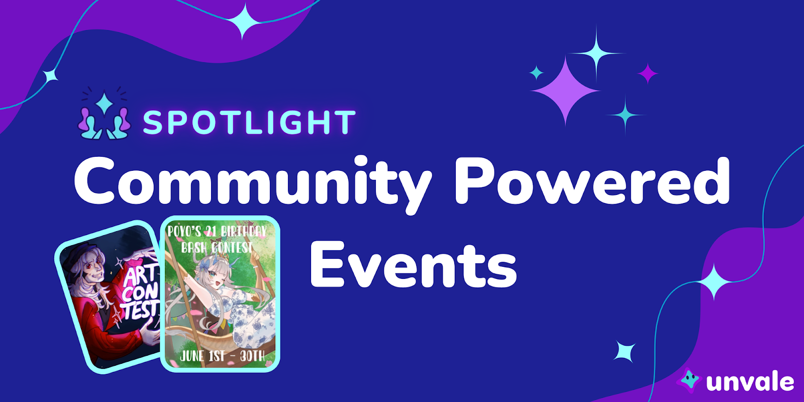 Event squares and purple/blue sparkles frame the title Community Powered Events Spotlight