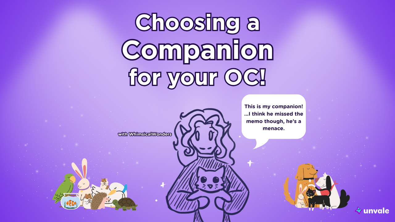 Light and regular purple gradient background. Text reads "Choosing a Companion for Your OC!". A doodle of Whimsy holding her pet while surrounded by other animals