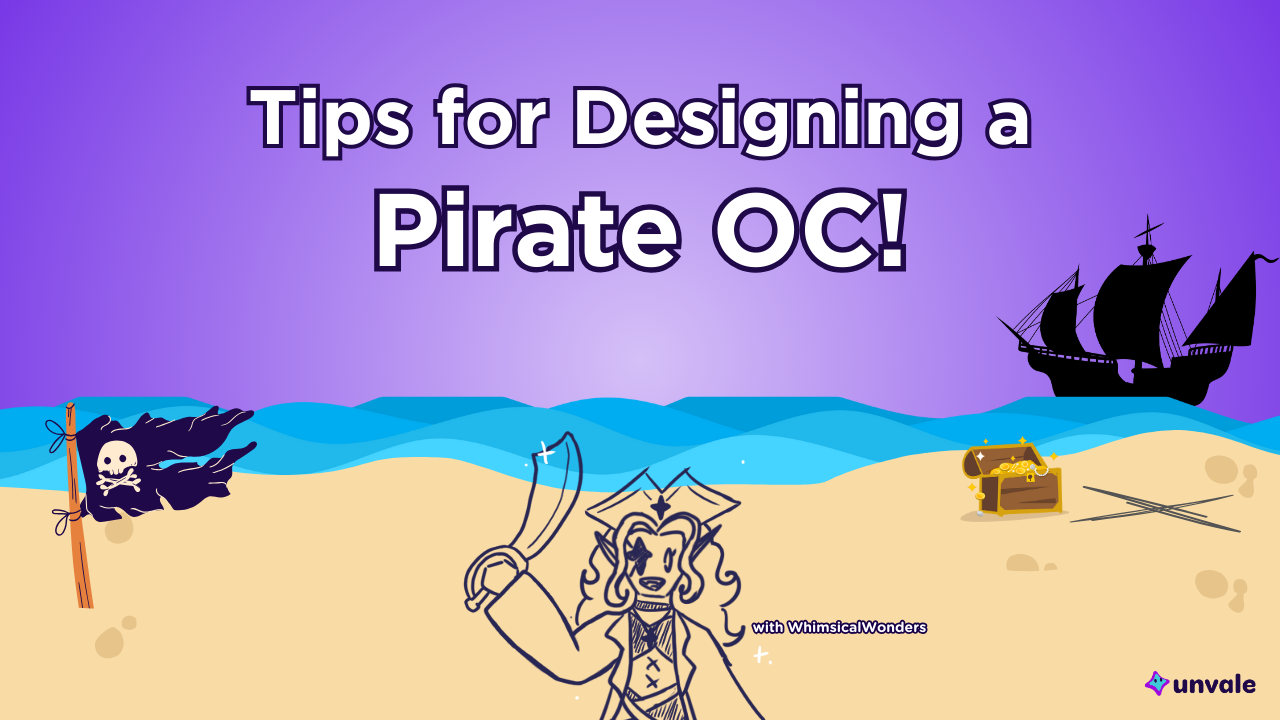 Purple gradient background with ocean waves and sand. Text reads "Tips for Designing a Pirate OC!". A doodle of a pirate Whimsy next to a pirate flag, chest of gold, and an X in the sand!