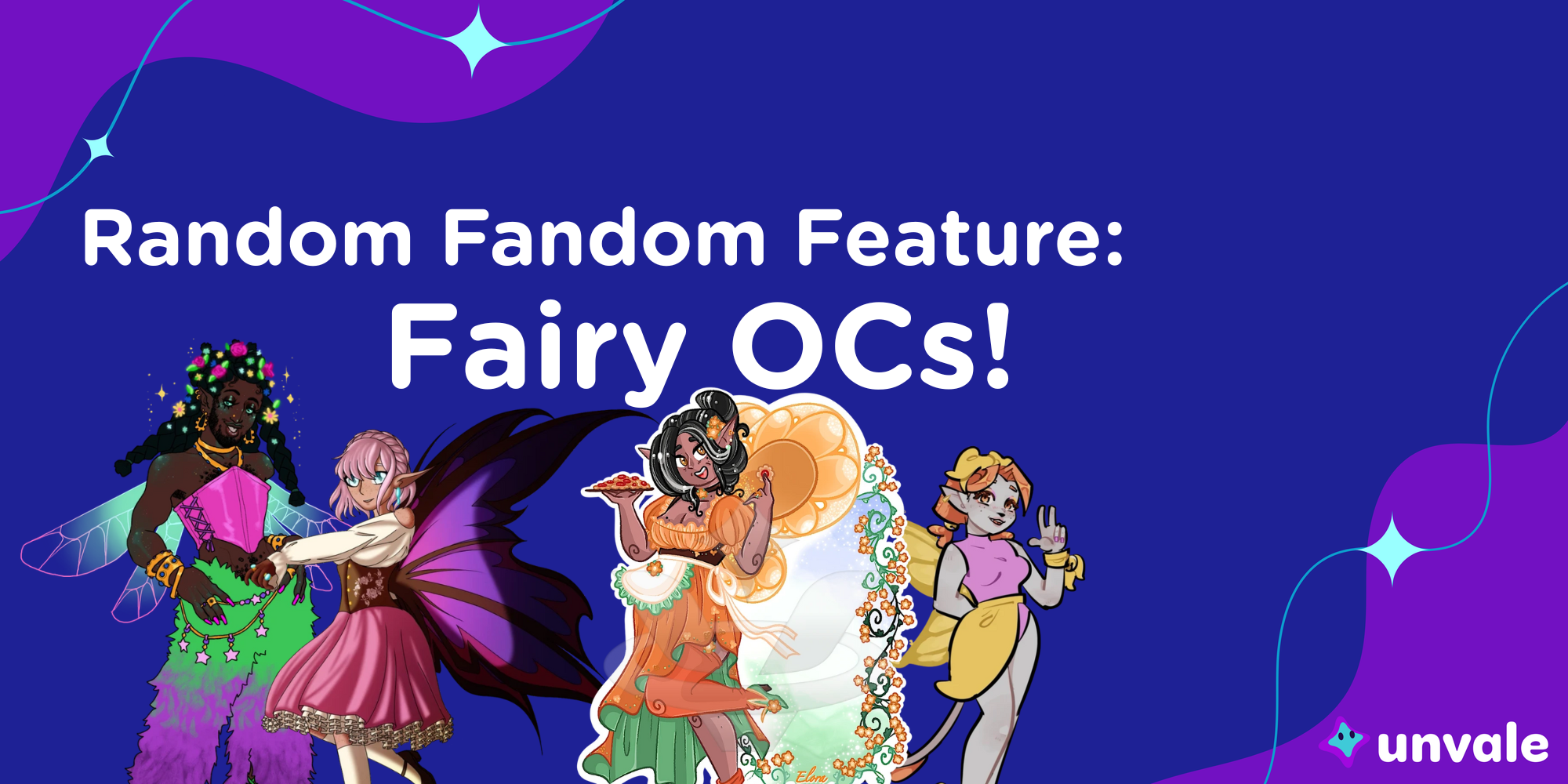 A blue and purple graphic with four characters that reads "Random Fandom Feature: Fairy OCs!"