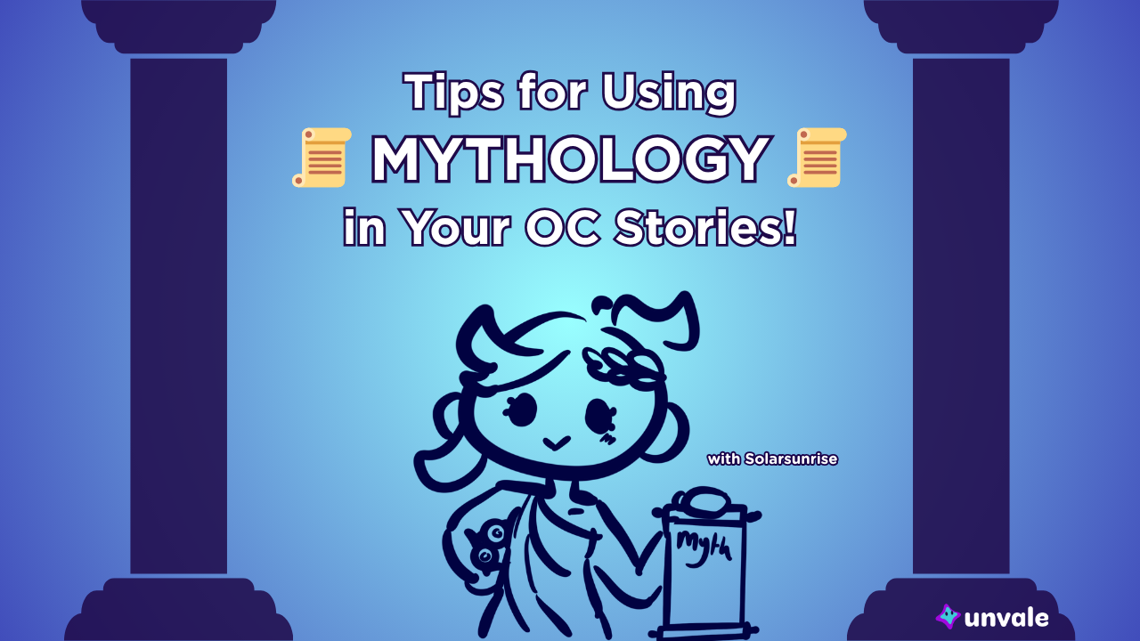Light and dark blue gradient background. Text reads "Tips for Using MYTHOLOGY in Your OC Stories!". A doodle of Solar in a toga holding a scroll next to pillars.