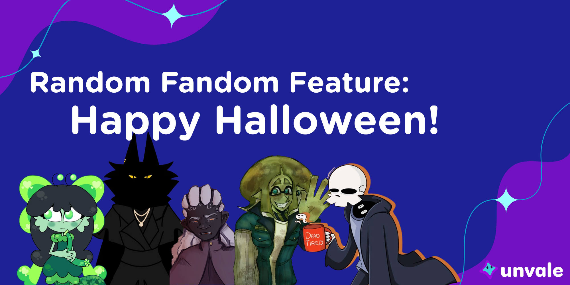 A blue and purple graphic with five characters that reads "Random Fandom Feature: Happy Halloween!"
