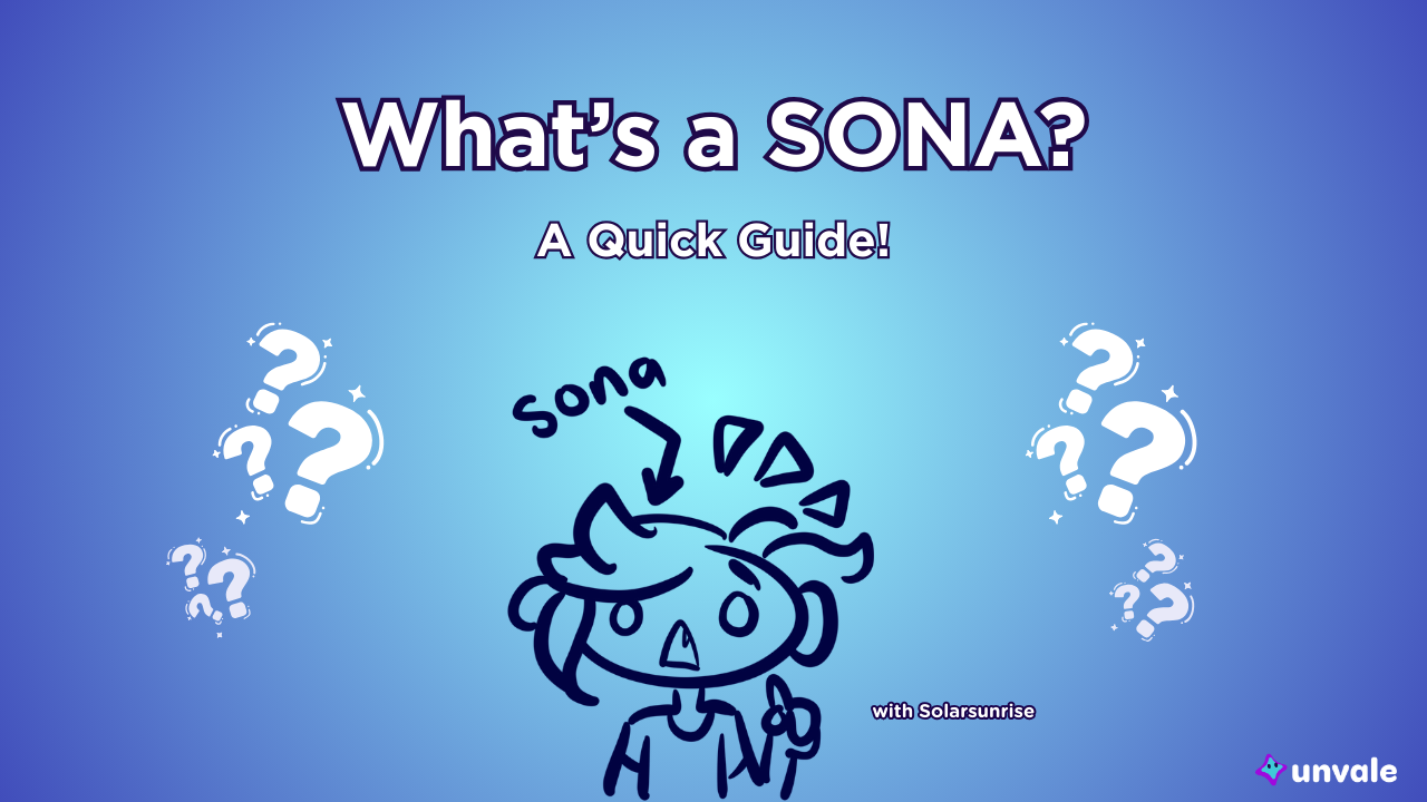Light and regular blue gradient background. Text reads "What's a SONA? A Quick Guide!". A doodle of Solar realizing she is actually a persona of her creator.