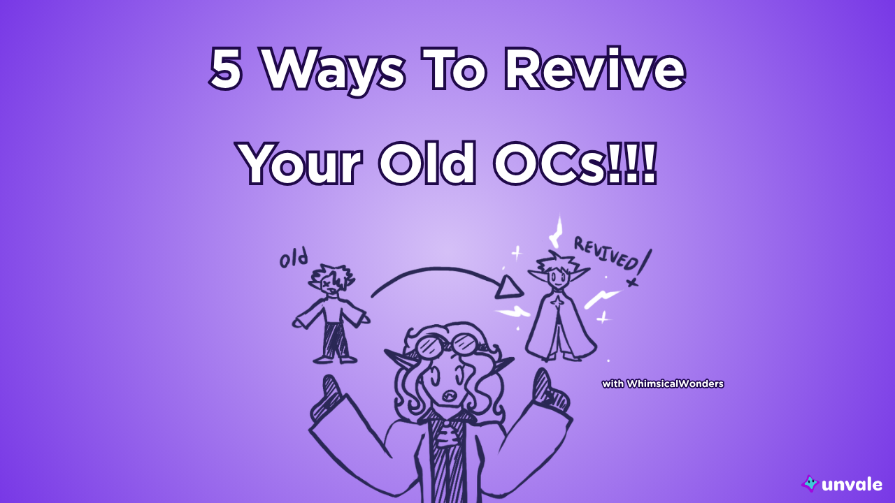 Light and regular purple gradient background. Text reads "5 Ways To Revive Your Old OCs!!!". A doodle of Whimsy showing the before and after of an old OC now revived!
