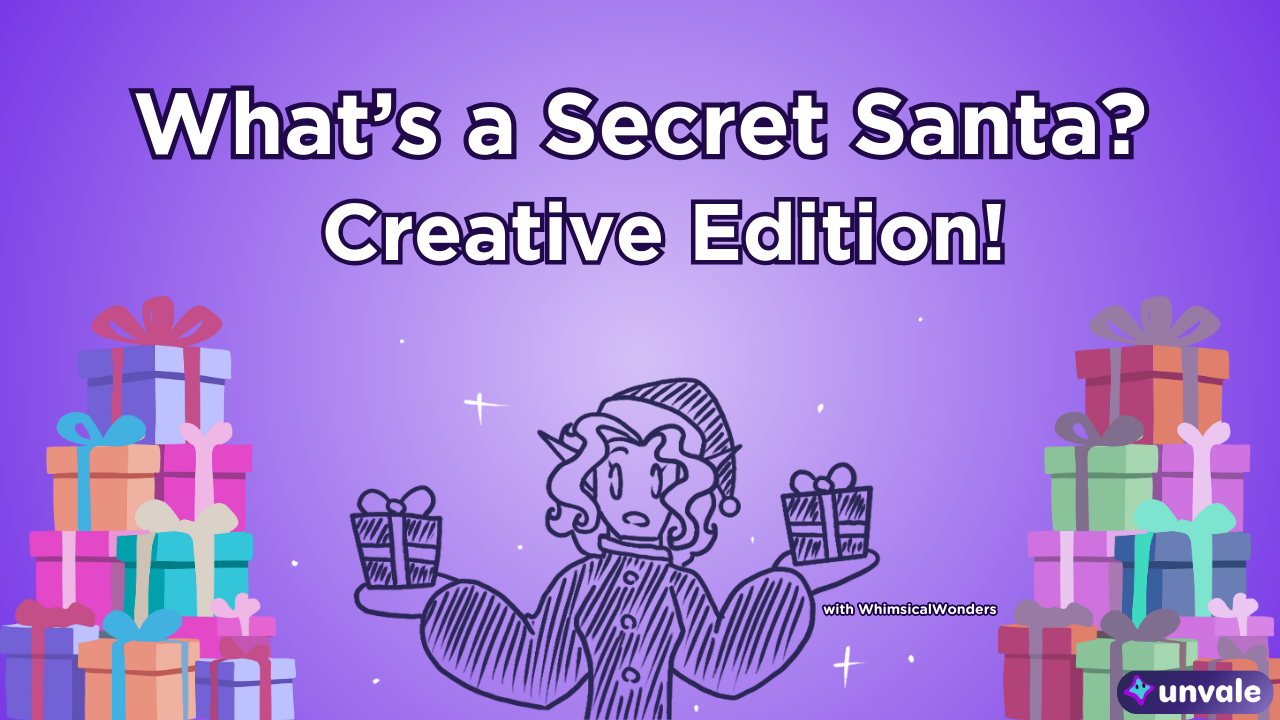 Light and regular purple gradient background. Text reads "What's a Secret Santa? Creative Edition!". A doodle of Whimsy holding gift boxes surrounded by presents