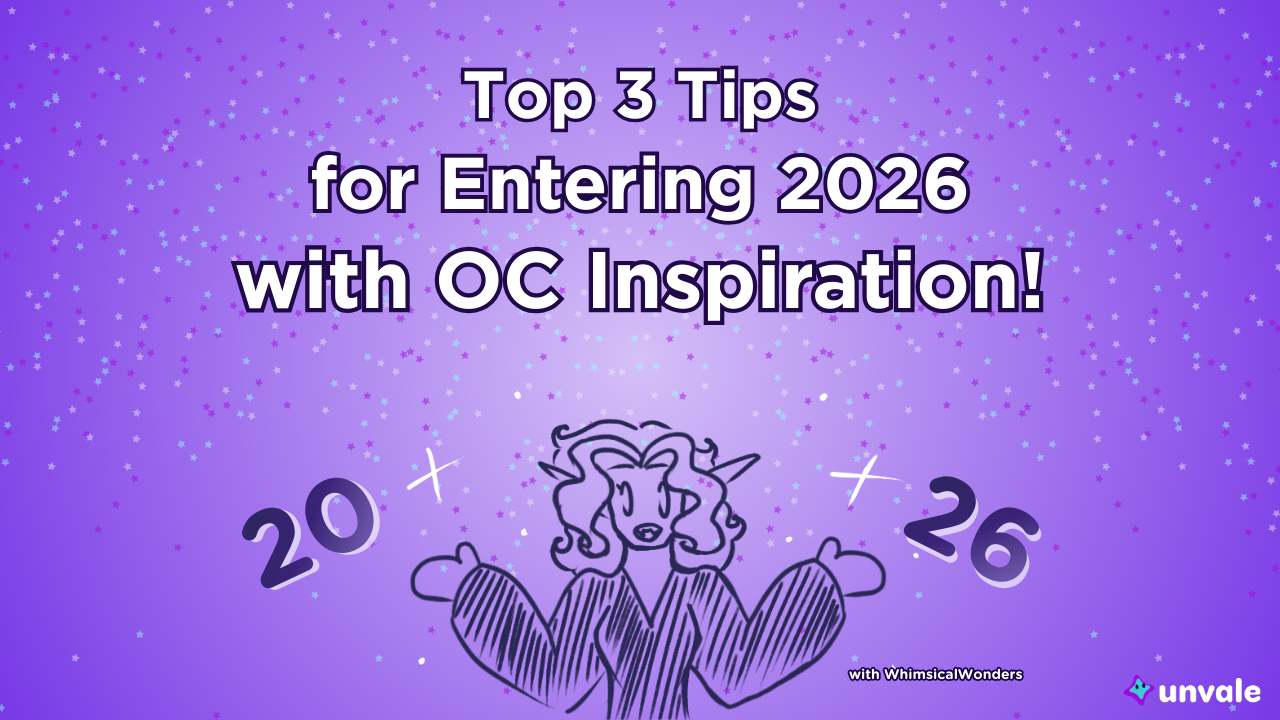 Light and regular purple gradient background. Text reads "Top 3 Tips for Entering 2026 with OC Inspiration!". A doodle of Whimsy surrounded by confetti and the number 2026
