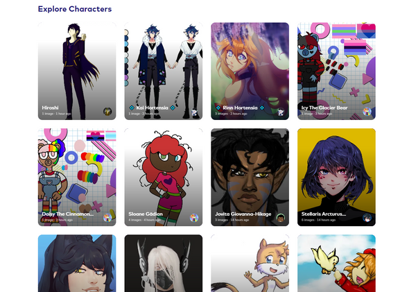 A gallery-style web page with pictures of various characters