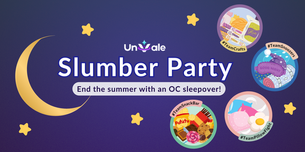 Moon and stars frame "UnVale Slumber Party." Team Crafts, Snoozers, Snack Bar, and Pillow Fight in circles with themed items.