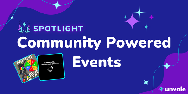 Event squares and purple/blue sparkles frame the title Community Powered Events Spotlight